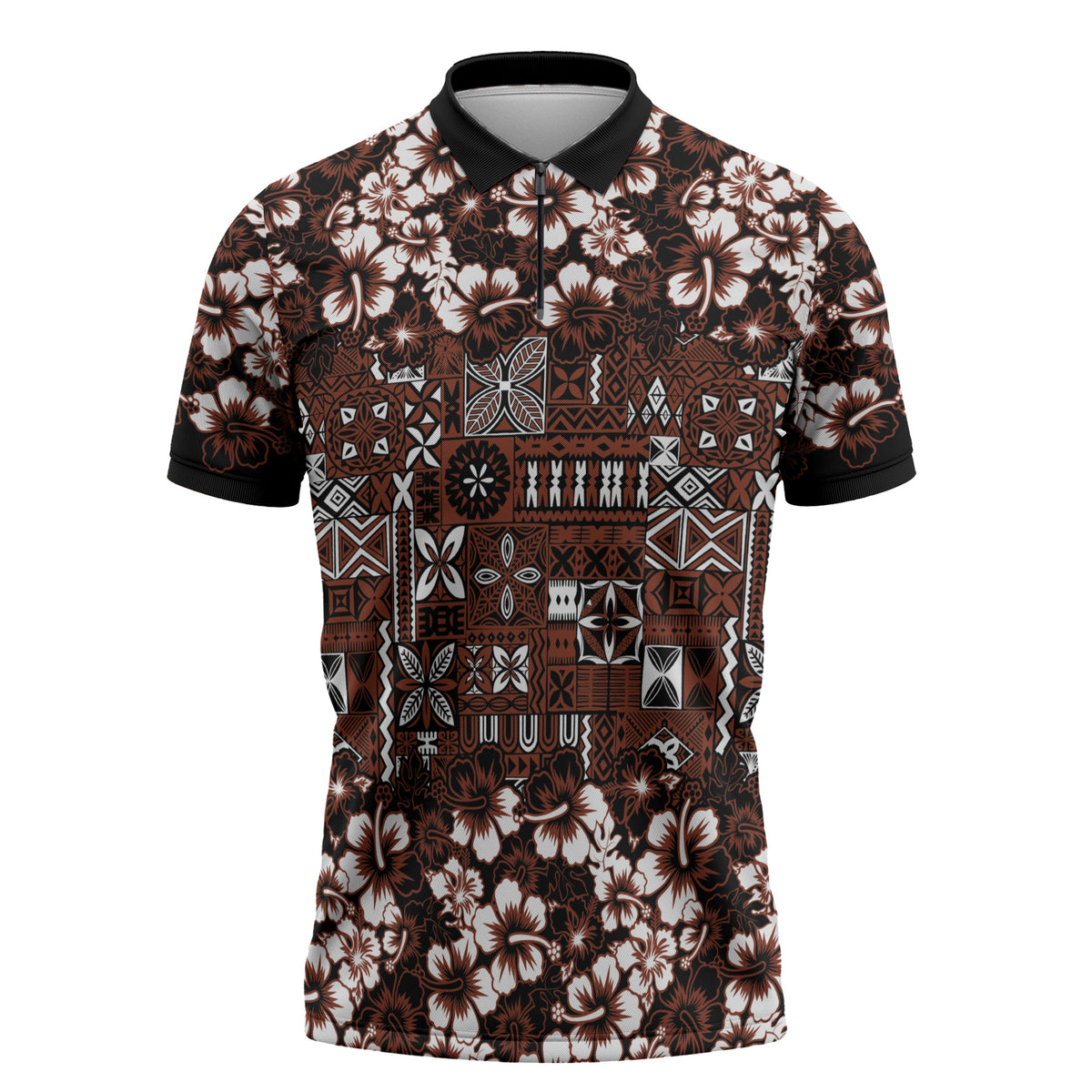 Burgundy Hawaiian Tapa Tribal Hibiscus Zipper Polo Shirt LT9 Burgundy - Polynesian Pride