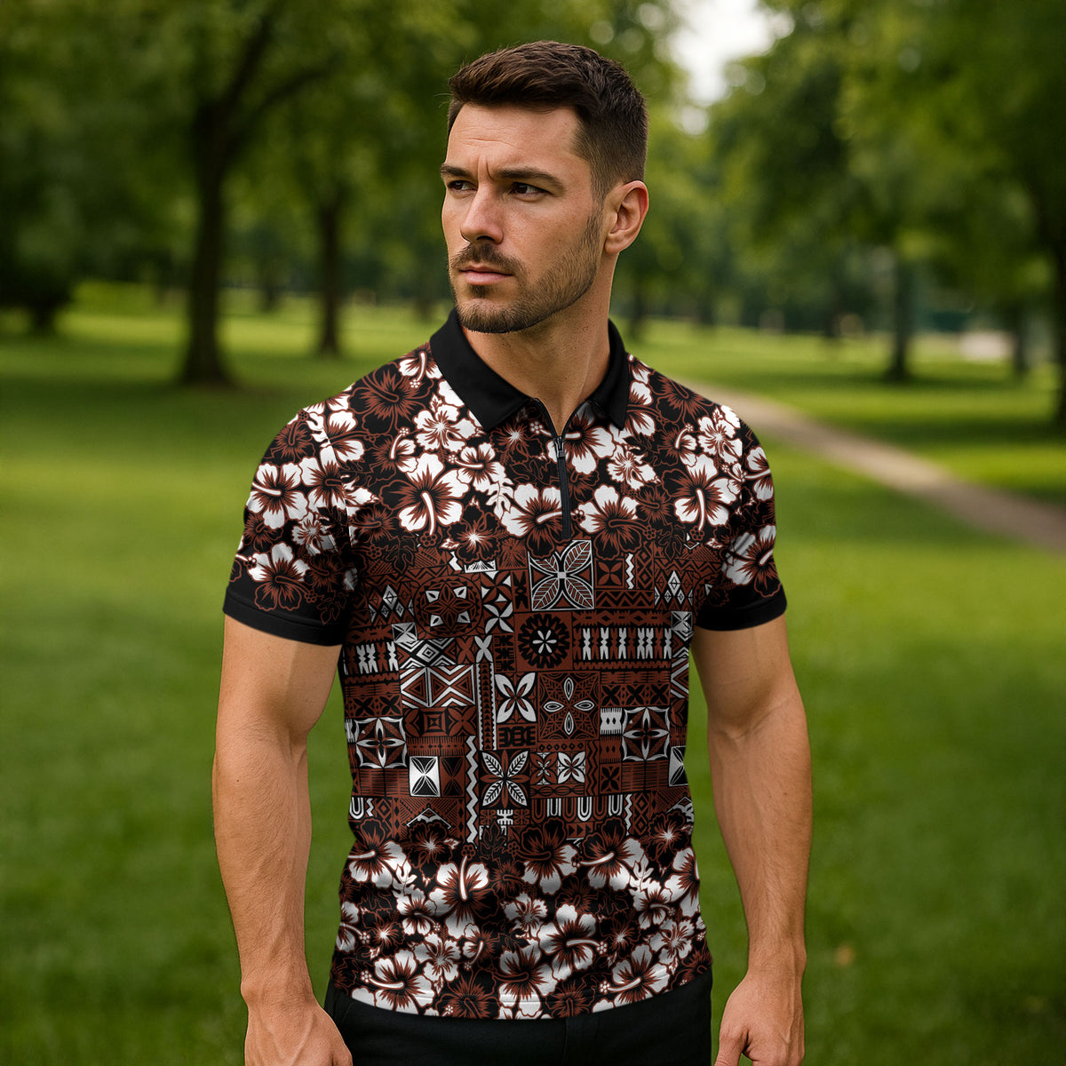 Burgundy Hawaiian Tapa Tribal Hibiscus Zipper Polo Shirt LT9 - Polynesian Pride