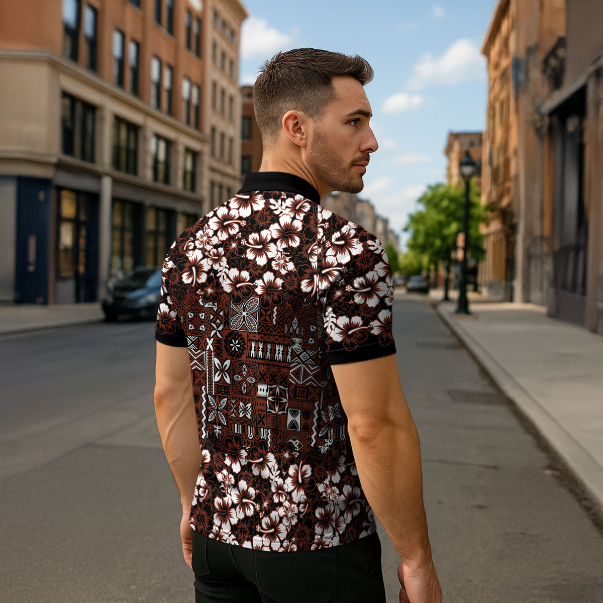 Burgundy Hawaiian Tapa Tribal Hibiscus Zipper Polo Shirt LT9 - Polynesian Pride