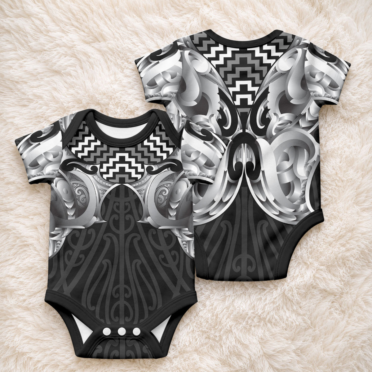 Aotearoa Kowhaiwhai Poutama Black Motif Baby Onesie