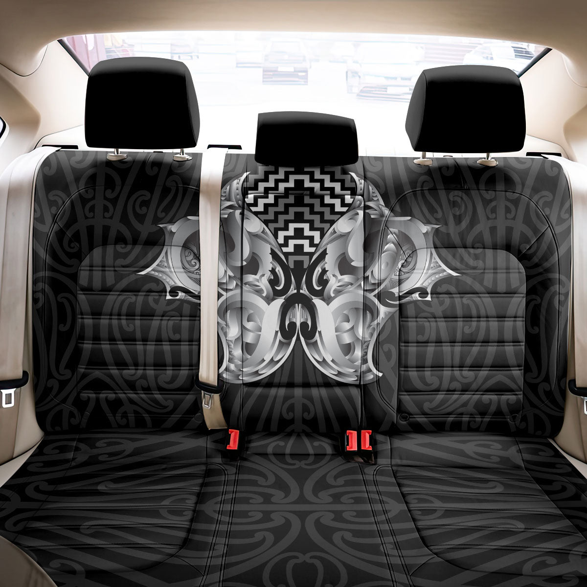 Aotearoa Kowhaiwhai Poutama Black Motif Back Car Seat Cover