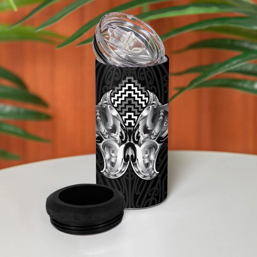 Aotearoa Kowhaiwhai Poutama Black Motif 4 in 1 Can Cooler Tumbler