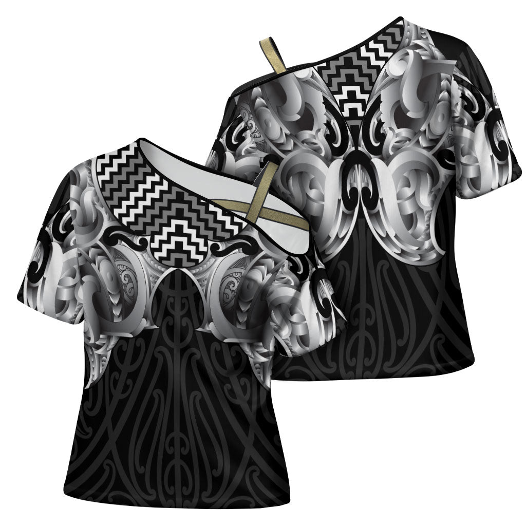 Aotearoa Kowhaiwhai Poutama Black Motif Cross Shoulder Shirt