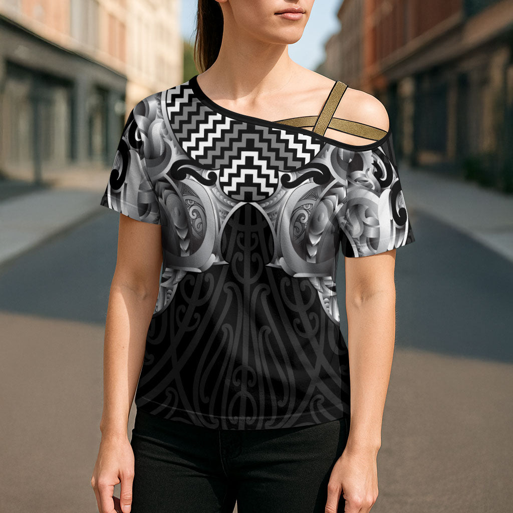 Aotearoa Kowhaiwhai Poutama Black Motif Cross Shoulder Shirt