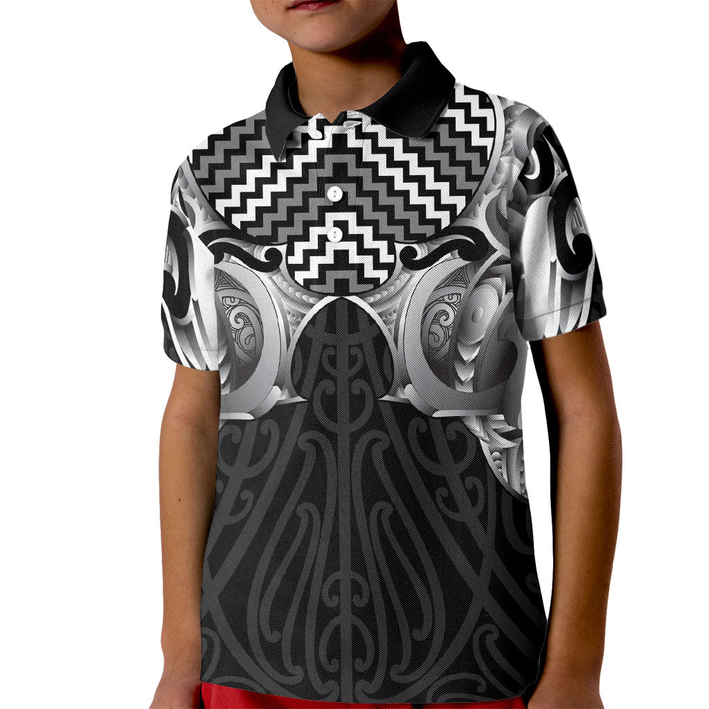 Aotearoa Kowhaiwhai Poutama Black Motif Kid Polo Shirt