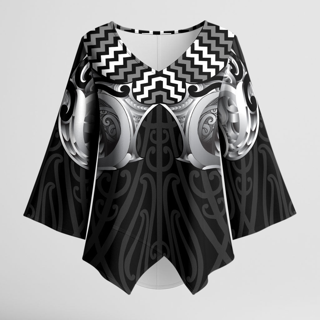 Aotearoa Kowhaiwhai Poutama Black Motif Kimono Sleeve Blouse