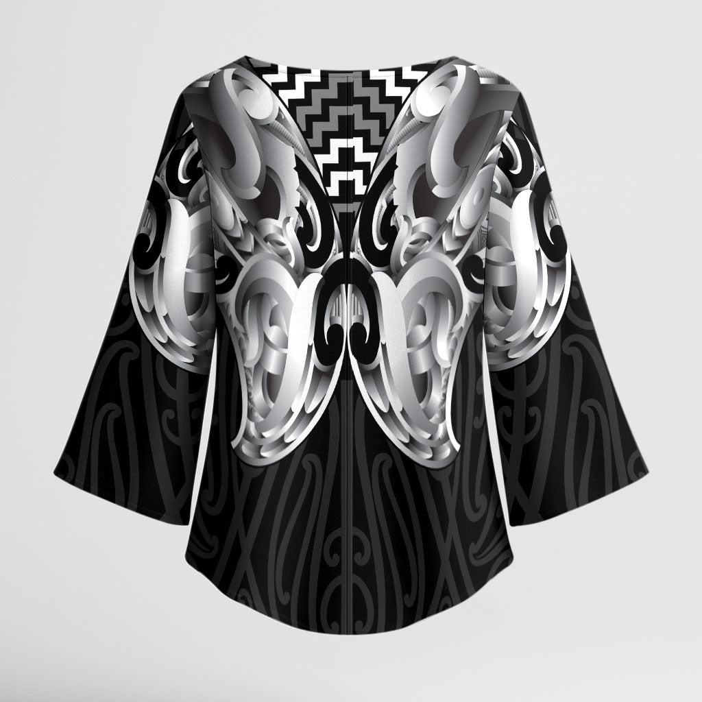 Aotearoa Kowhaiwhai Poutama Black Motif Kimono Sleeve Blouse