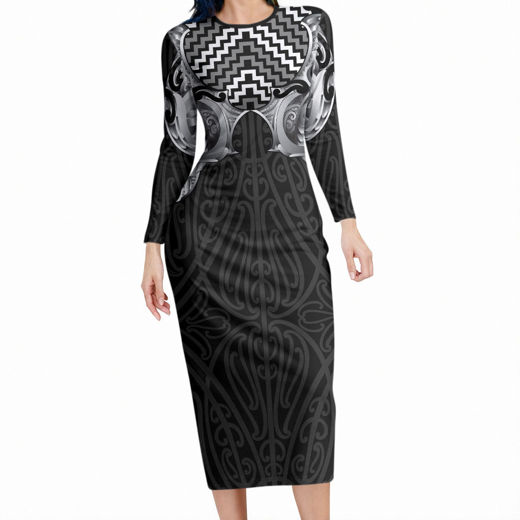 Aotearoa Kowhaiwhai Poutama Black Motif Long Sleeve Bodycon Dress LT9 Long Dress Black - Polynesian Pride