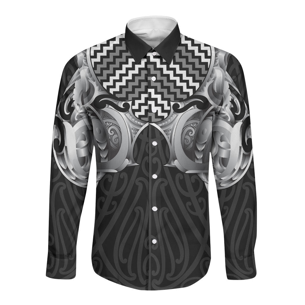 Aotearoa Kowhaiwhai Poutama Black Motif Long Sleeve Button Shirt