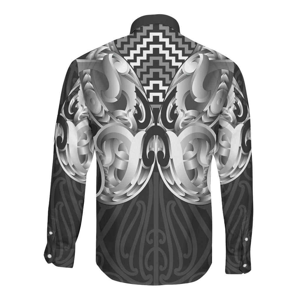 Aotearoa Kowhaiwhai Poutama Black Motif Long Sleeve Button Shirt