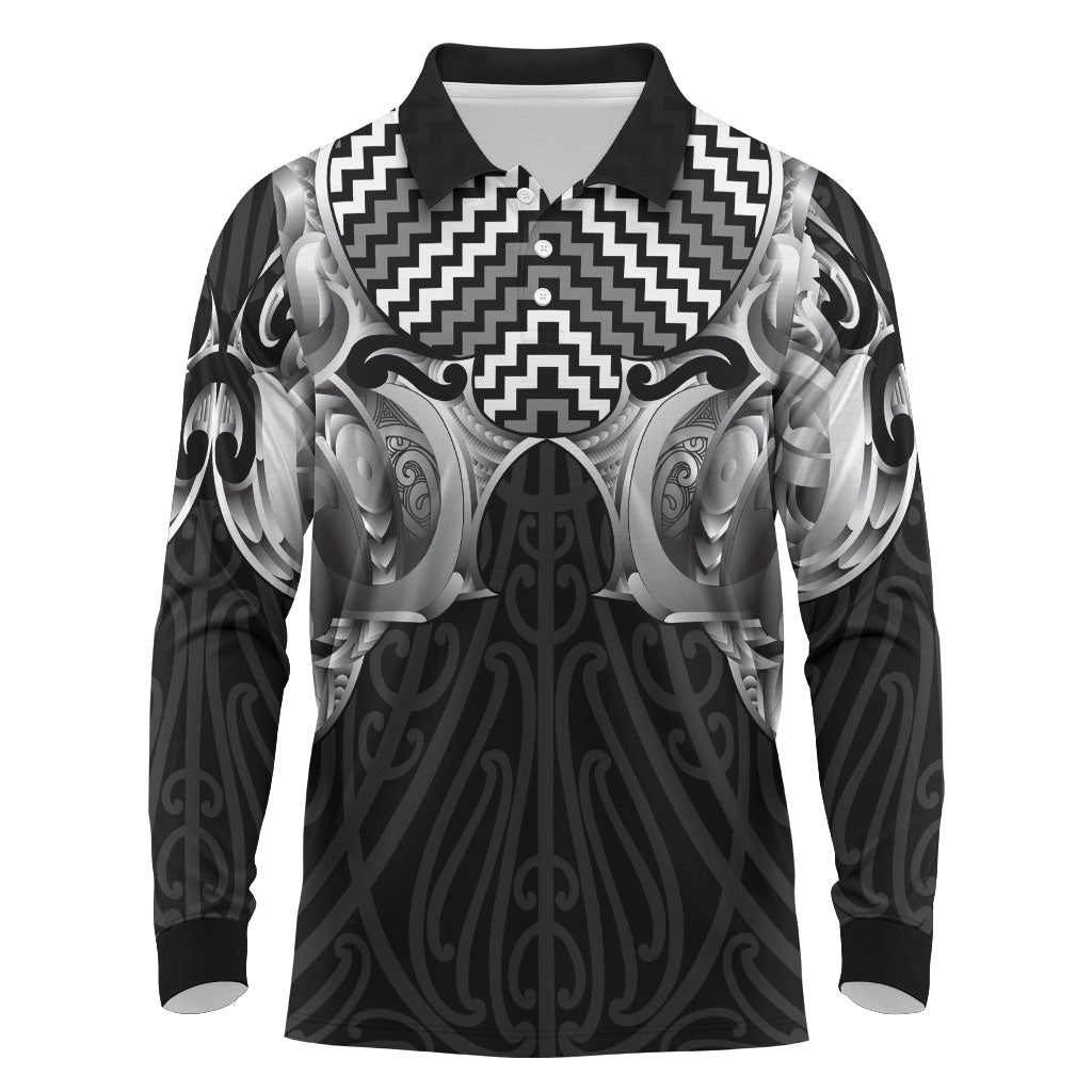 Aotearoa Kowhaiwhai Poutama Black Motif Long Sleeve Polo Shirt LT9 Black - Polynesian Pride