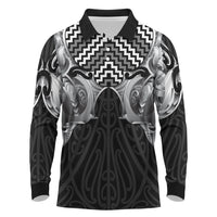 Aotearoa Kowhaiwhai Poutama Black Motif Long Sleeve Polo Shirt LT9 Black - Polynesian Pride