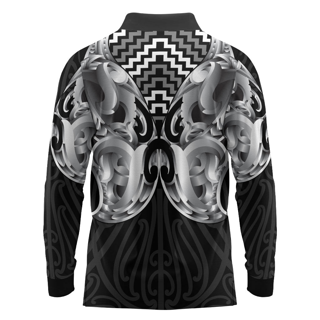 Aotearoa Kowhaiwhai Poutama Black Motif Long Sleeve Polo Shirt LT9 - Polynesian Pride