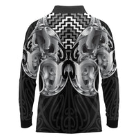 Aotearoa Kowhaiwhai Poutama Black Motif Long Sleeve Polo Shirt LT9 - Polynesian Pride