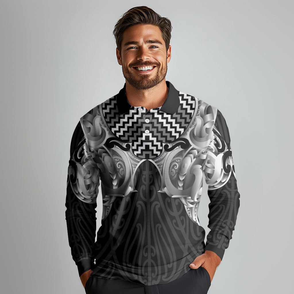 Aotearoa Kowhaiwhai Poutama Black Motif Long Sleeve Polo Shirt LT9 - Polynesian Pride