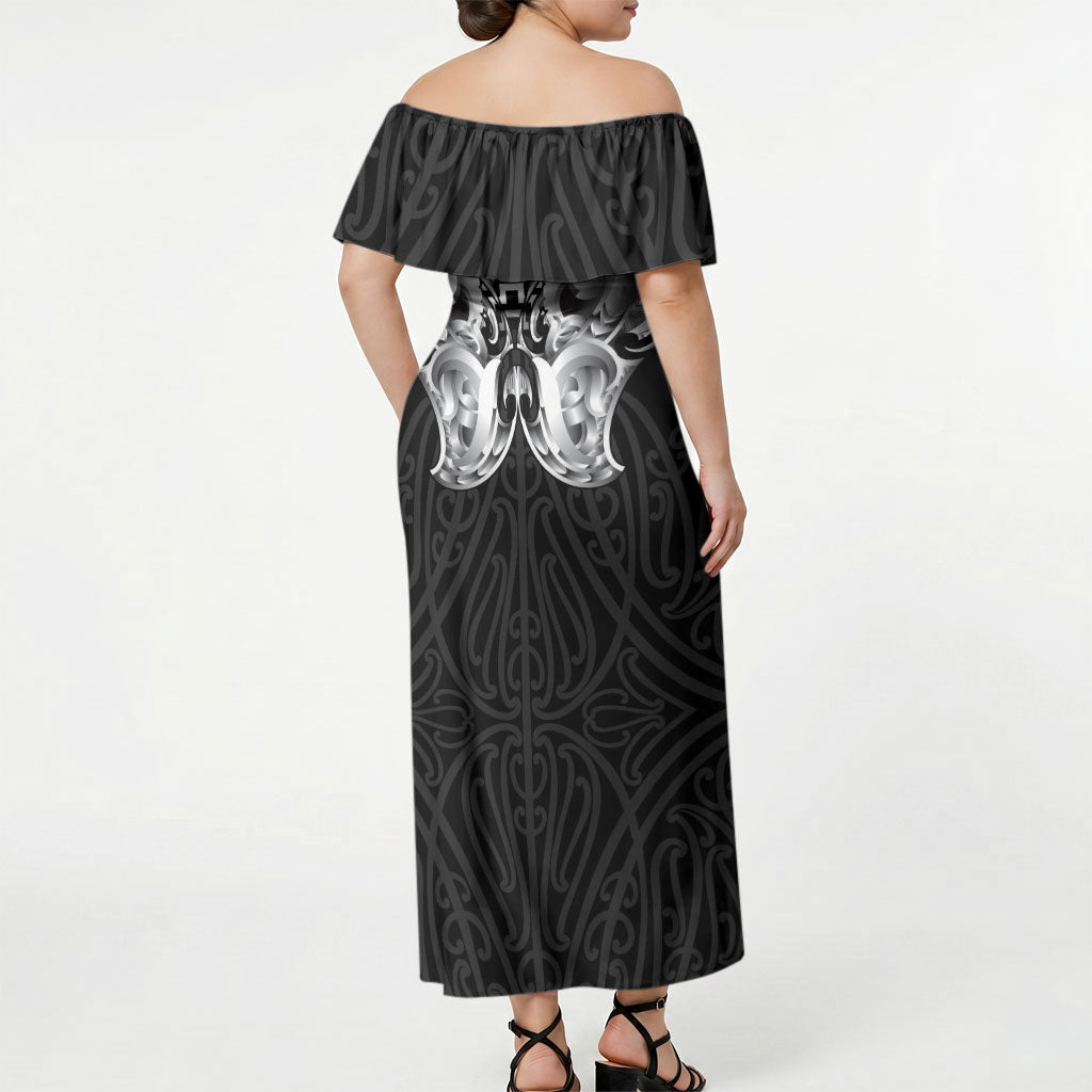 Aotearoa Kowhaiwhai Poutama Black Motif Off Shoulder Maxi Dress