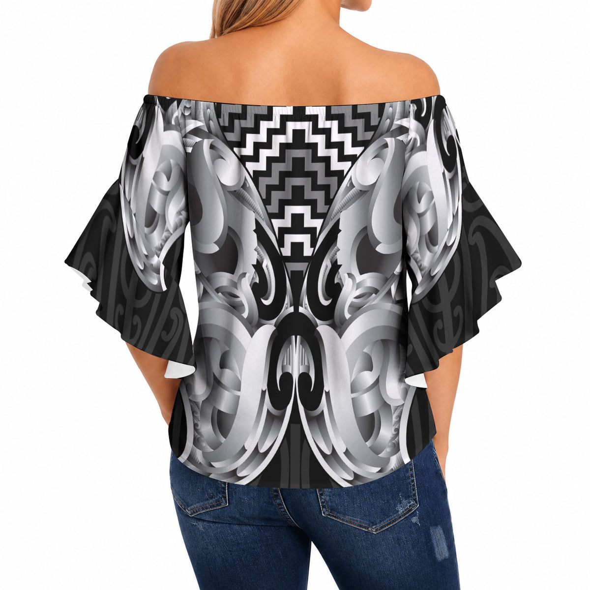 Aotearoa Kowhaiwhai Poutama Black Motif Off Shoulder Wrap Waist Top