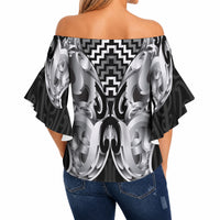 Aotearoa Kowhaiwhai Poutama Black Motif Off Shoulder Wrap Waist Top