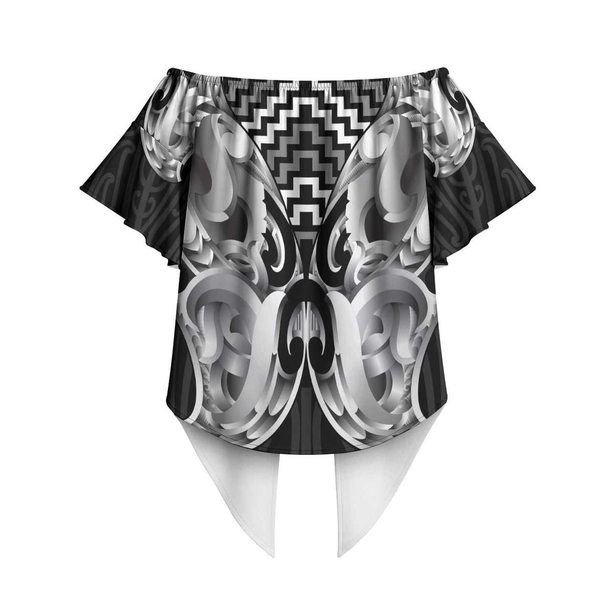 Aotearoa Kowhaiwhai Poutama Black Motif Off Shoulder Wrap Waist Top