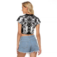 Aotearoa Kowhaiwhai Poutama Black Motif Raglan Cropped T Shirt