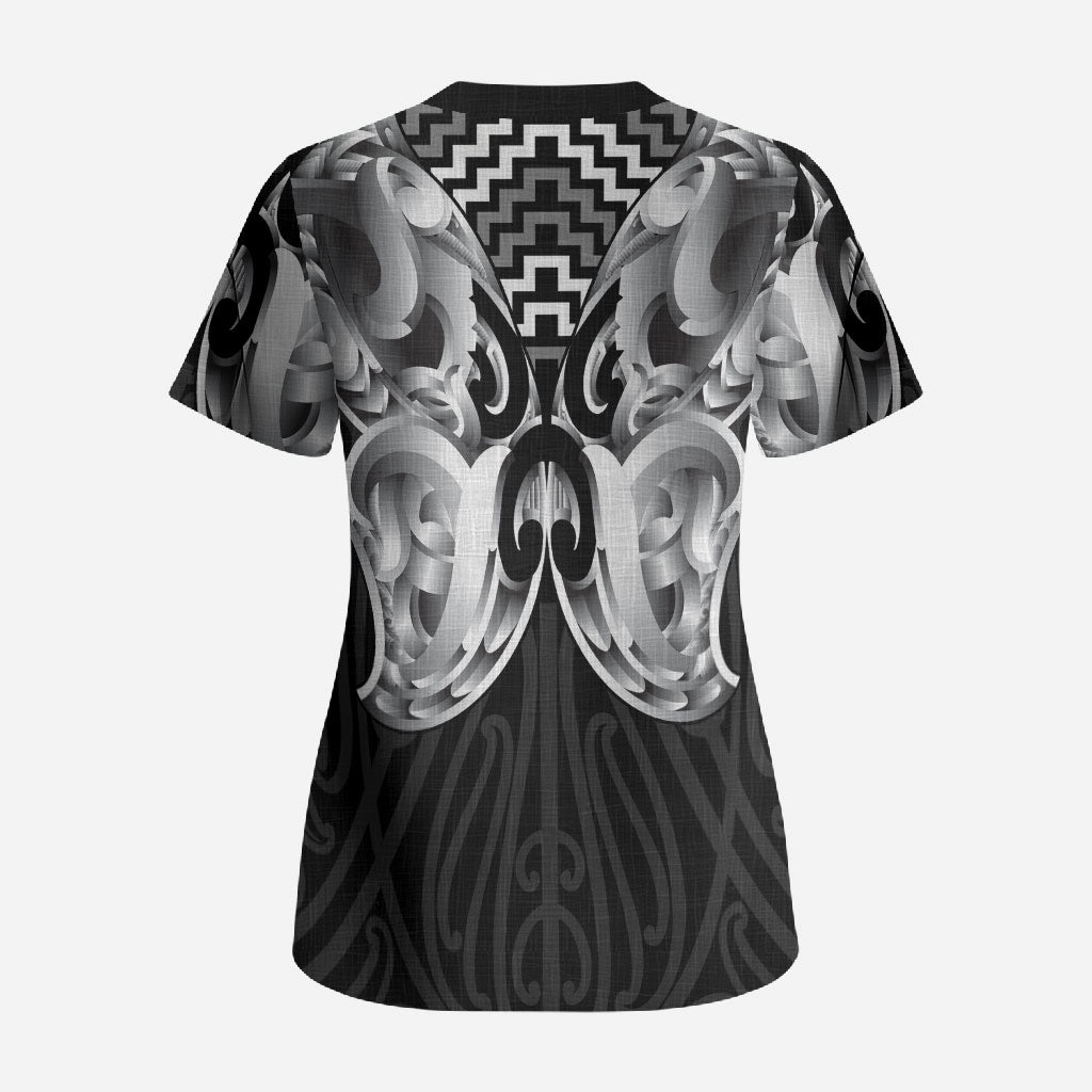 Aotearoa Kowhaiwhai Poutama Black Motif Scrub Top