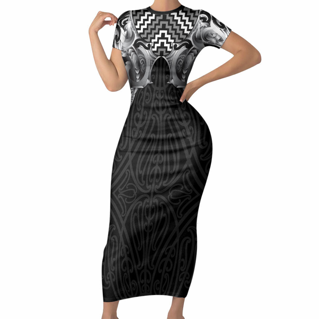 Aotearoa Kowhaiwhai Poutama Black Motif Short Sleeve Bodycon Dress LT9 Long Dress Black - Polynesian Pride