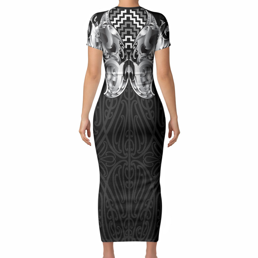 Aotearoa Kowhaiwhai Poutama Black Motif Short Sleeve Bodycon Dress LT9 - Polynesian Pride