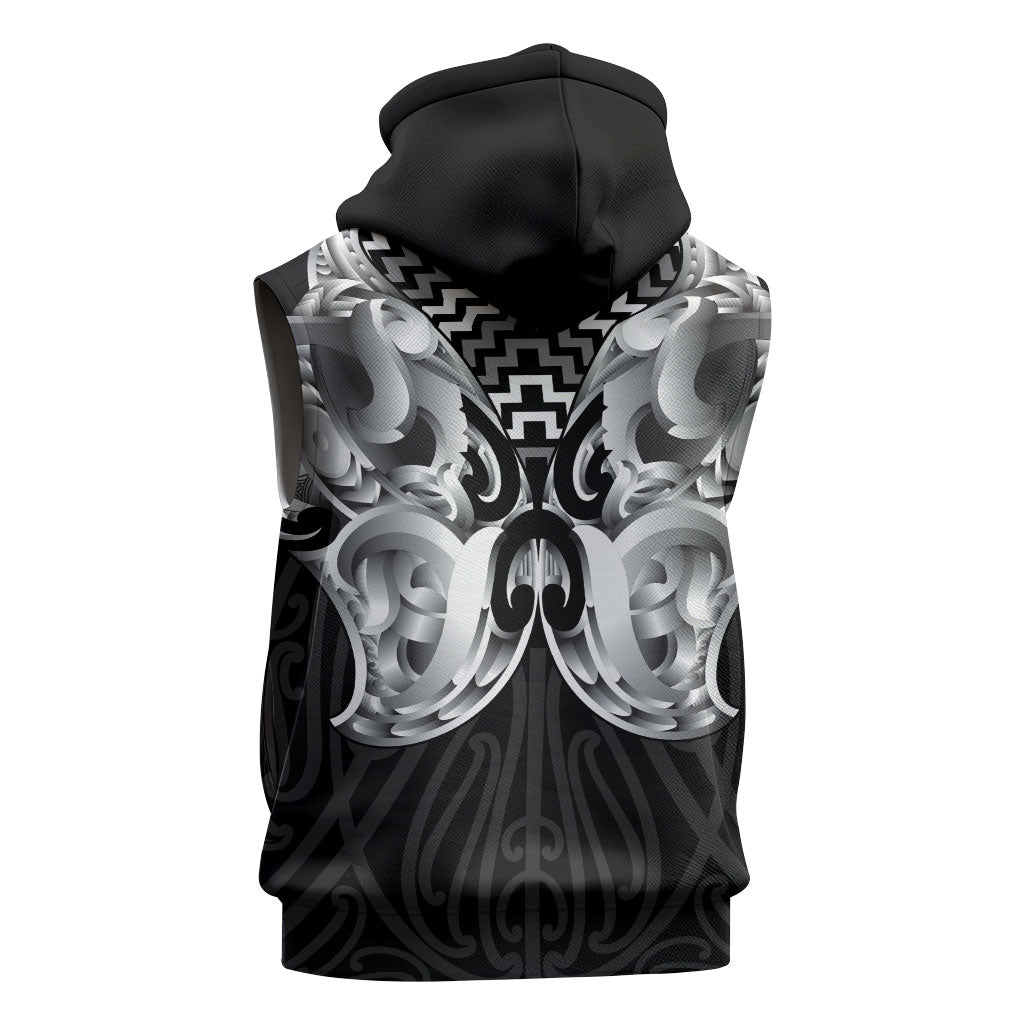 Aotearoa Kowhaiwhai Poutama Black Motif Sleeveless Hoodie LT9 - Polynesian Pride