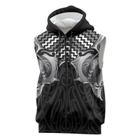 Aotearoa Kowhaiwhai Poutama Black Motif Sleeveless Zip Hoodie LT9 Black - Polynesian Pride