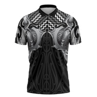 Aotearoa Kowhaiwhai Poutama Black Motif Zipper Polo Shirt