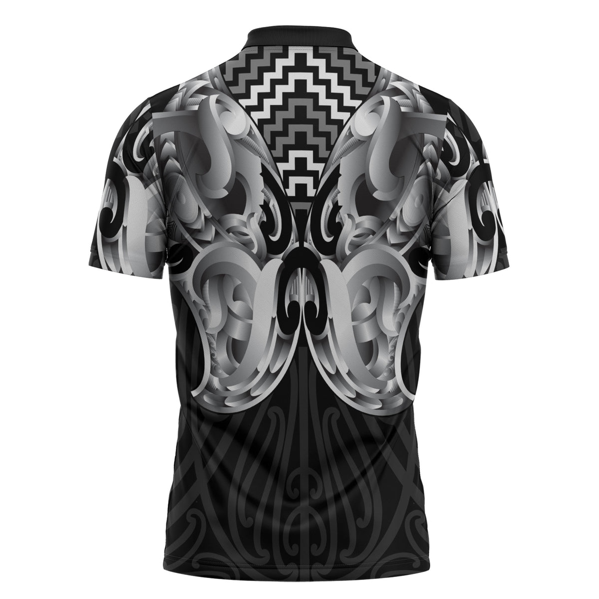 Aotearoa Kowhaiwhai Poutama Black Motif Zipper Polo Shirt