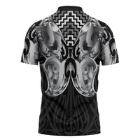 Aotearoa Kowhaiwhai Poutama Black Motif Zipper Polo Shirt