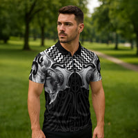 Aotearoa Kowhaiwhai Poutama Black Motif Zipper Polo Shirt
