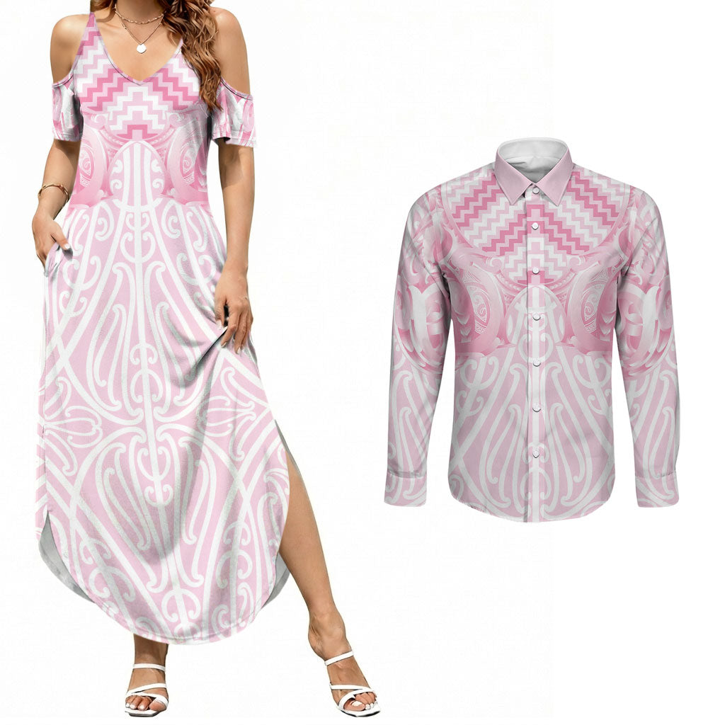 Aotearoa Kowhaiwhai Poutama Pink Motif Couples Matching Summer Maxi Dress and Long Sleeve Button Shirt LT9 Pink - Polynesian Pride