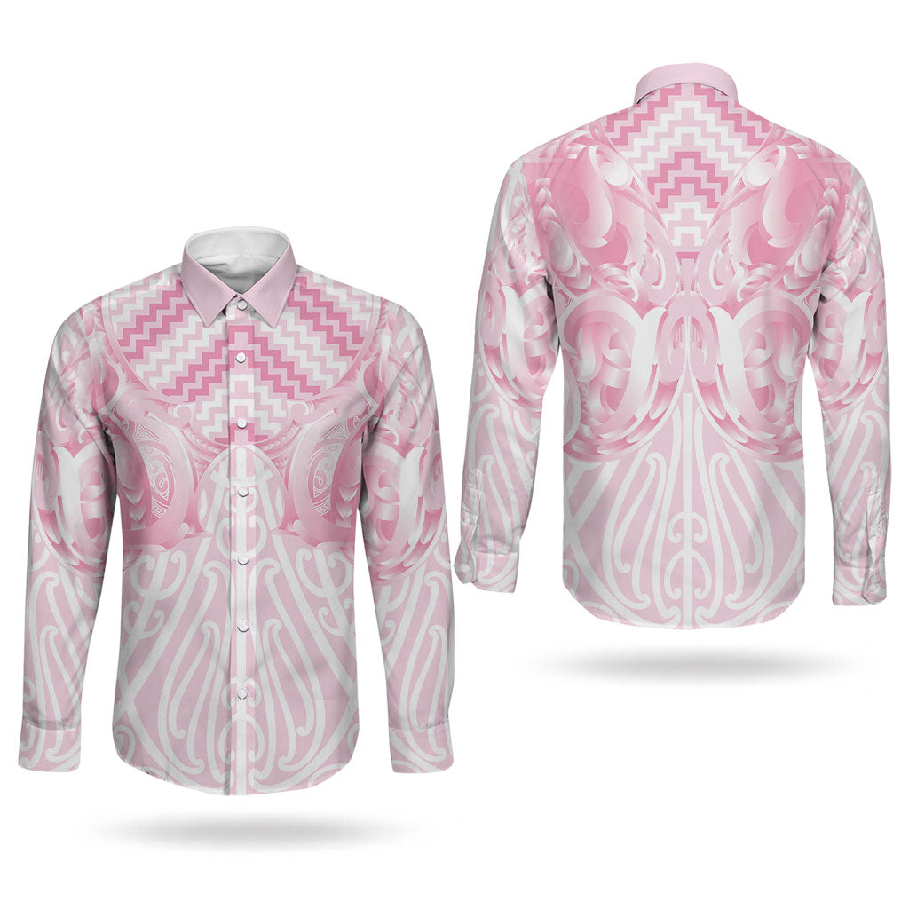 Aotearoa Kowhaiwhai Poutama Pink Motif Couples Matching Summer Maxi Dress and Long Sleeve Button Shirt LT9 - Polynesian Pride