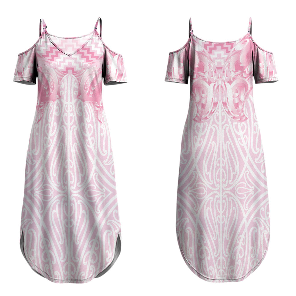 Aotearoa Kowhaiwhai Poutama Pink Motif Couples Matching Summer Maxi Dress and Long Sleeve Button Shirt LT9 - Polynesian Pride
