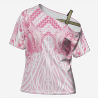 Aotearoa Kowhaiwhai Poutama Pink Motif Cross Shoulder Shirt