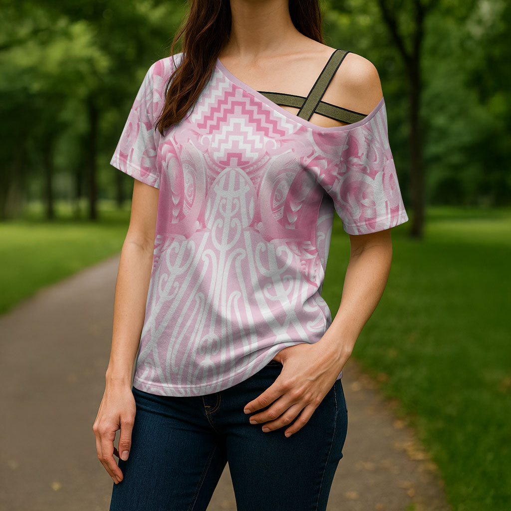 Aotearoa Kowhaiwhai Poutama Pink Motif Cross Shoulder Shirt