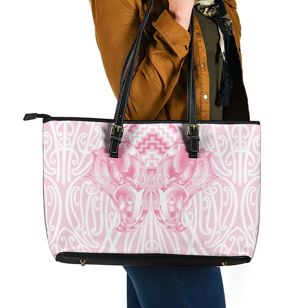Aotearoa Kowhaiwhai Poutama Pink Motif Leather Tote Bag
