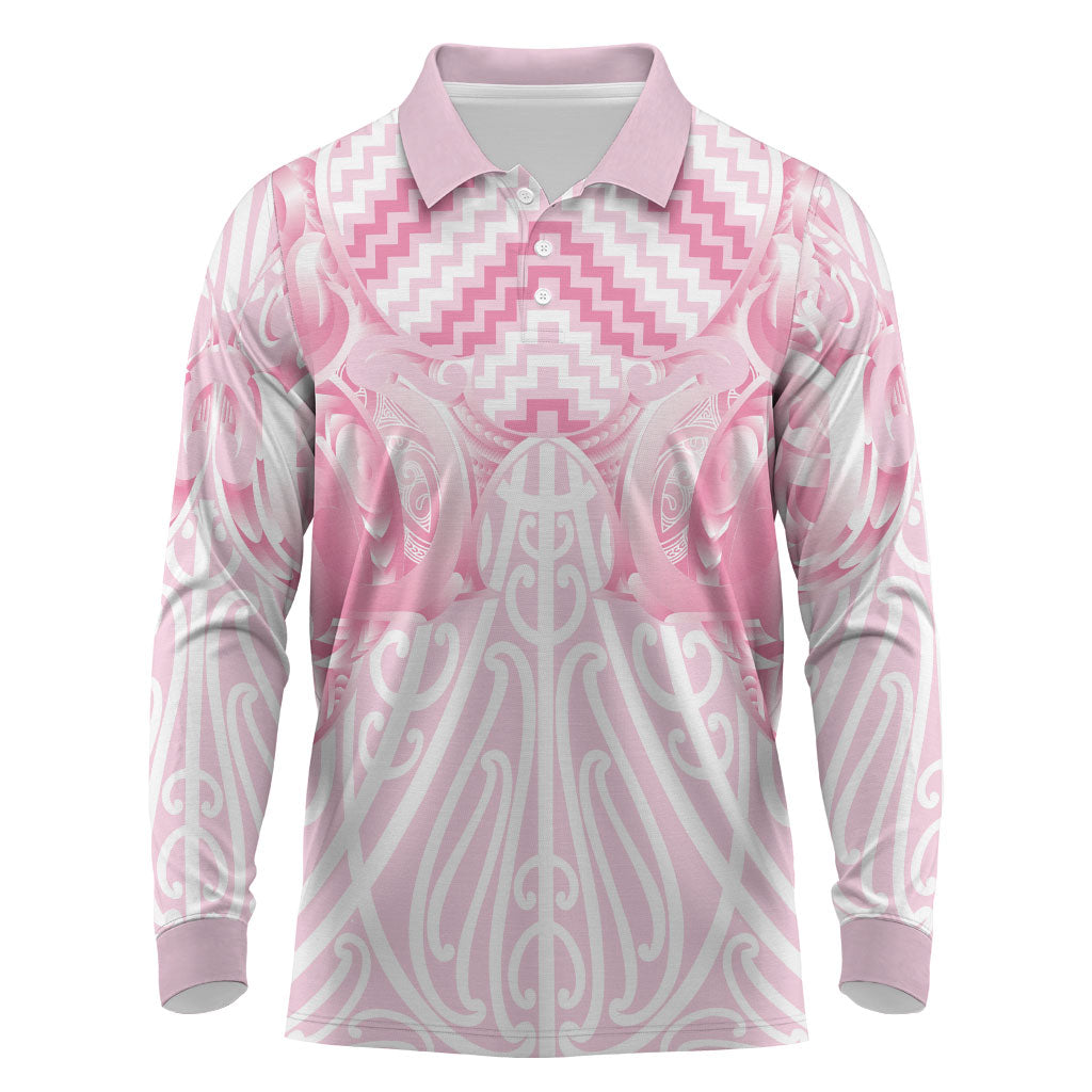 Aotearoa Kowhaiwhai Poutama Pink Motif Long Sleeve Polo Shirt LT9 Pink - Polynesian Pride
