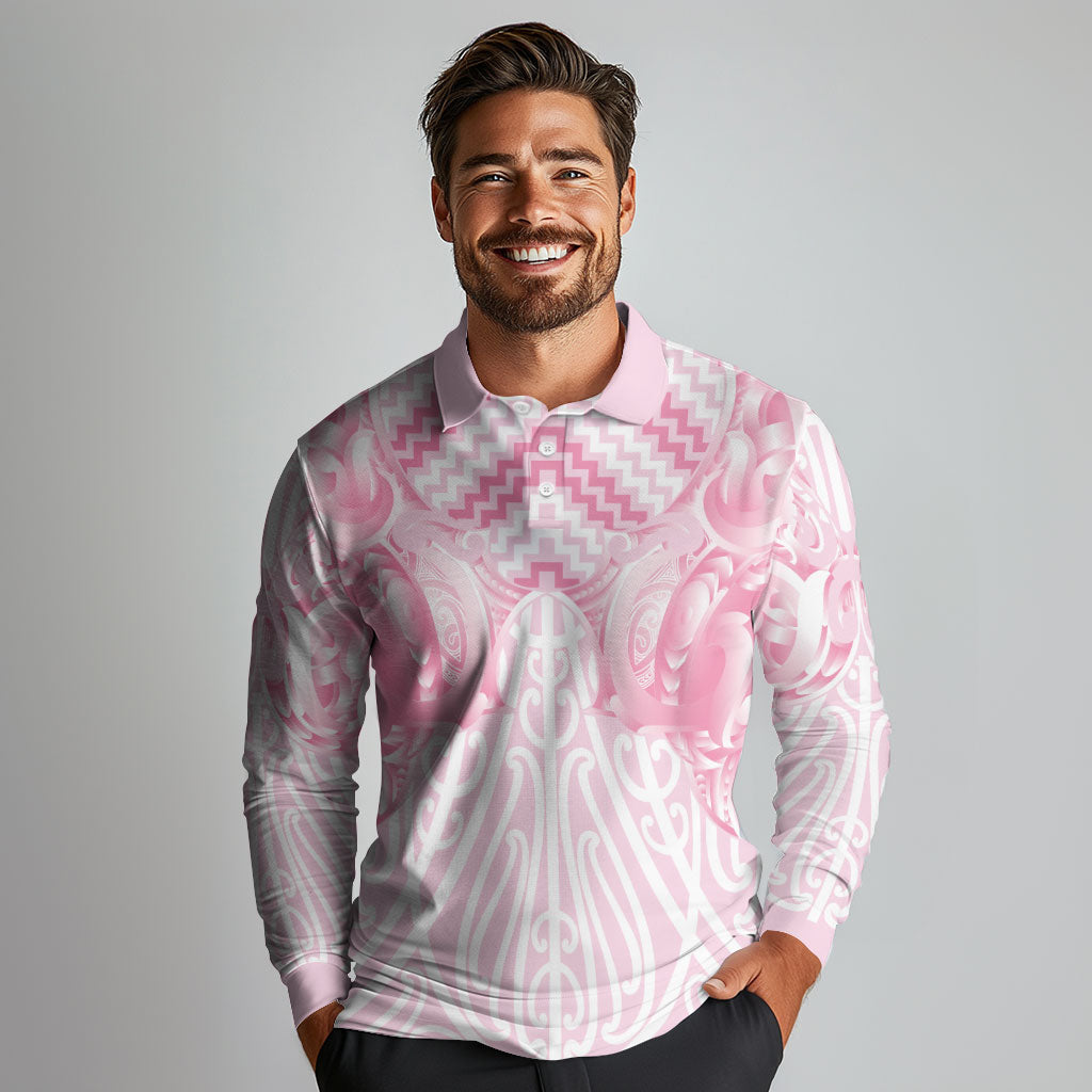 Aotearoa Kowhaiwhai Poutama Pink Motif Long Sleeve Polo Shirt LT9 - Polynesian Pride