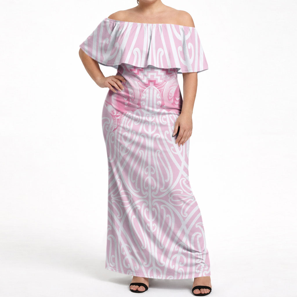 Aotearoa Kowhaiwhai Poutama Pink Motif Off Shoulder Maxi Dress