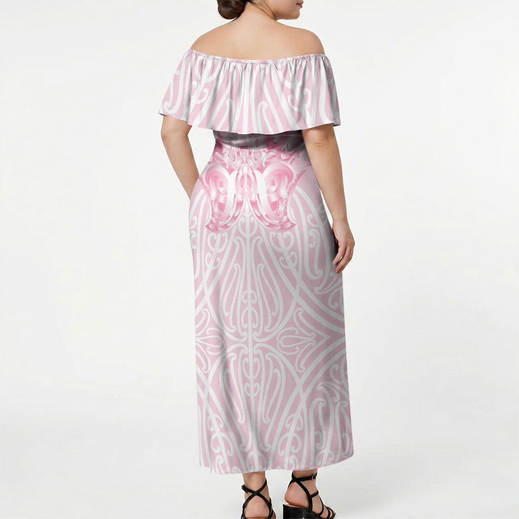 Aotearoa Kowhaiwhai Poutama Pink Motif Off Shoulder Maxi Dress