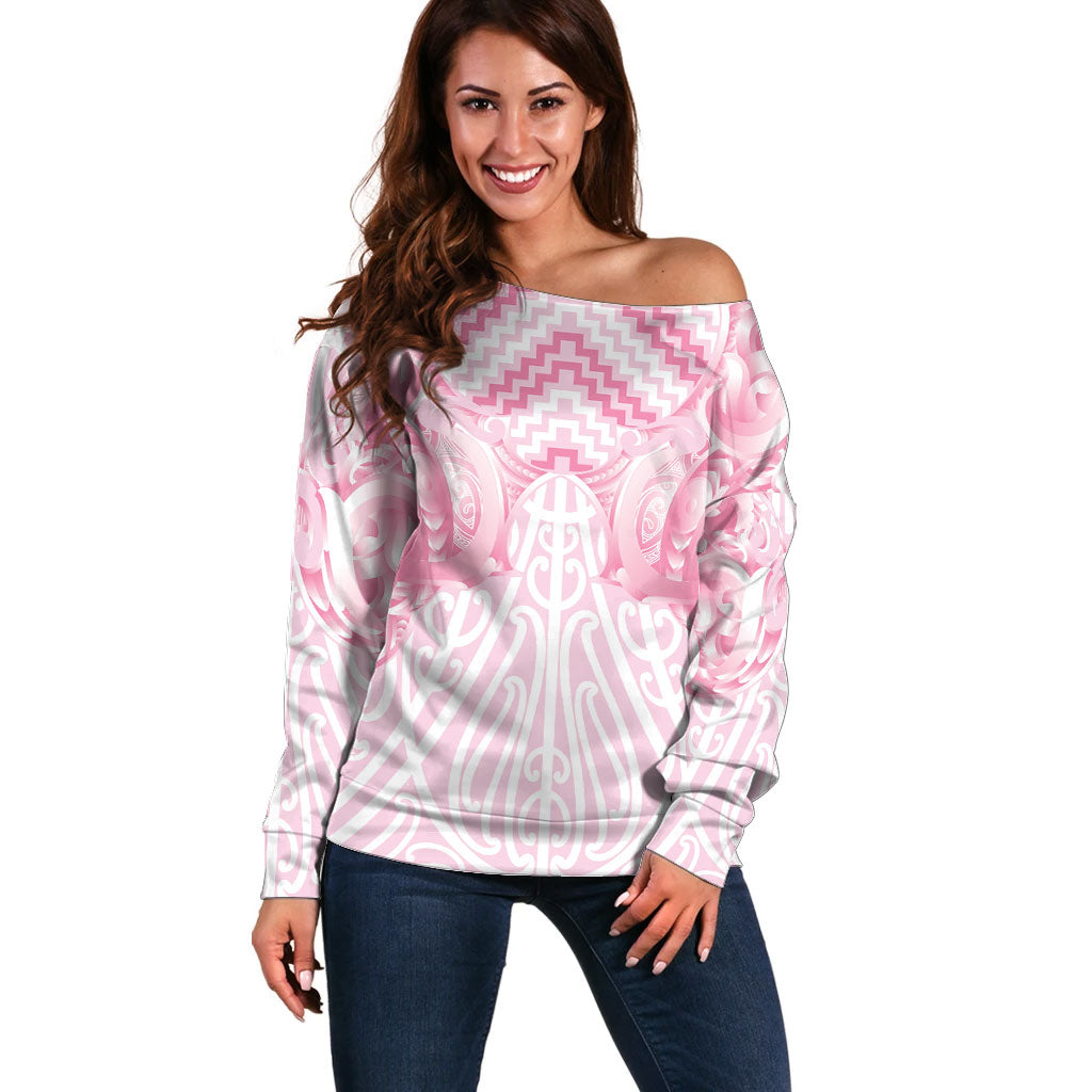 Aotearoa Kowhaiwhai Poutama Pink Motif Off Shoulder Sweater