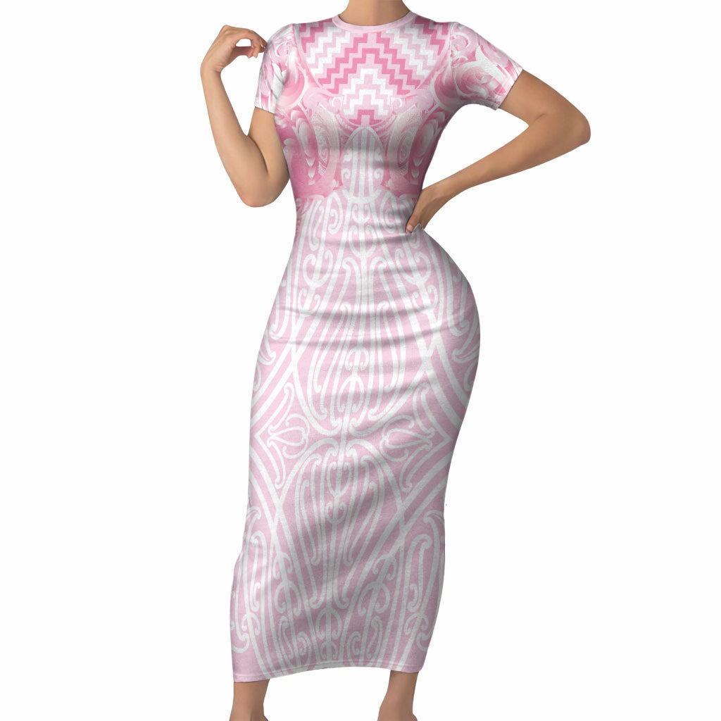 Aotearoa Kowhaiwhai Poutama Pink Motif Short Sleeve Bodycon Dress LT9 Long Dress Pink - Polynesian Pride