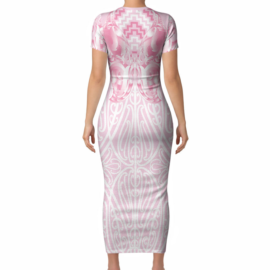 Aotearoa Kowhaiwhai Poutama Pink Motif Short Sleeve Bodycon Dress LT9 - Polynesian Pride