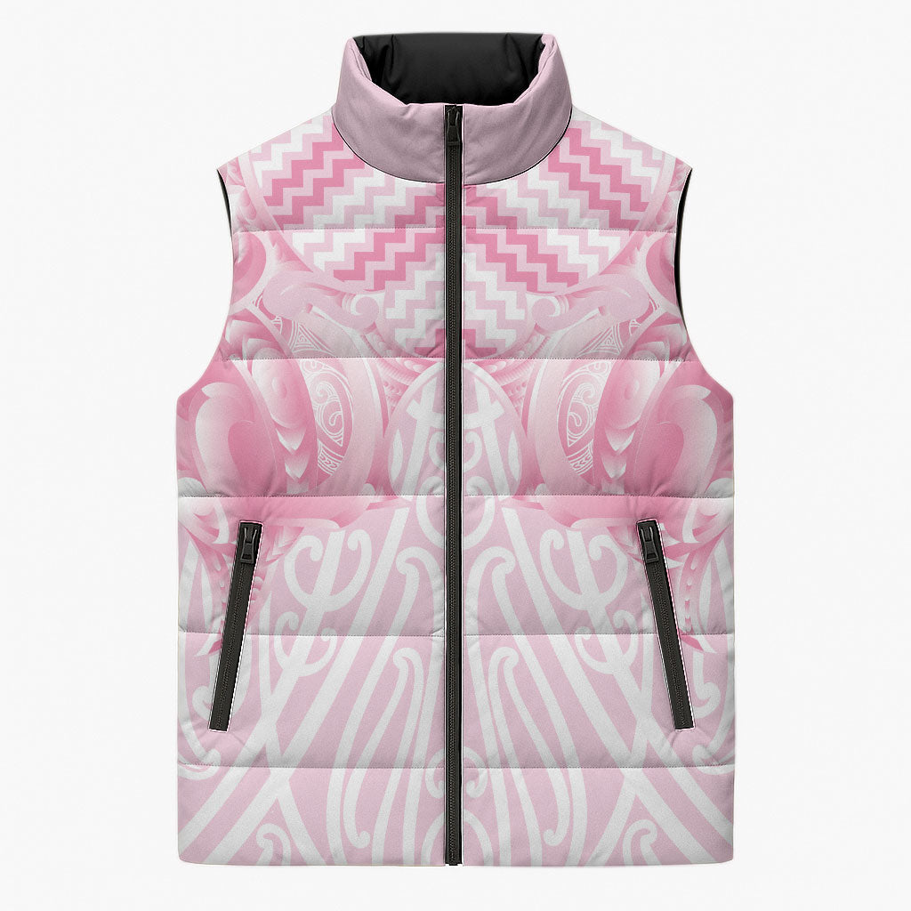 Aotearoa Kowhaiwhai Poutama Pink Motif Sleeveless Puffer Jacket