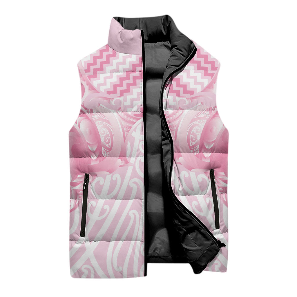 Aotearoa Kowhaiwhai Poutama Pink Motif Sleeveless Puffer Jacket