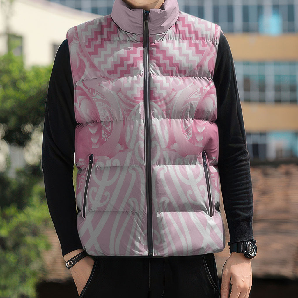 Aotearoa Kowhaiwhai Poutama Pink Motif Sleeveless Puffer Jacket
