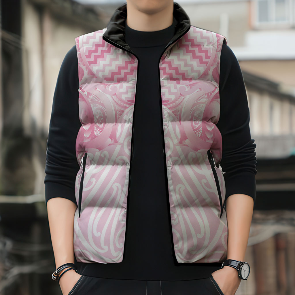 Aotearoa Kowhaiwhai Poutama Pink Motif Sleeveless Puffer Jacket